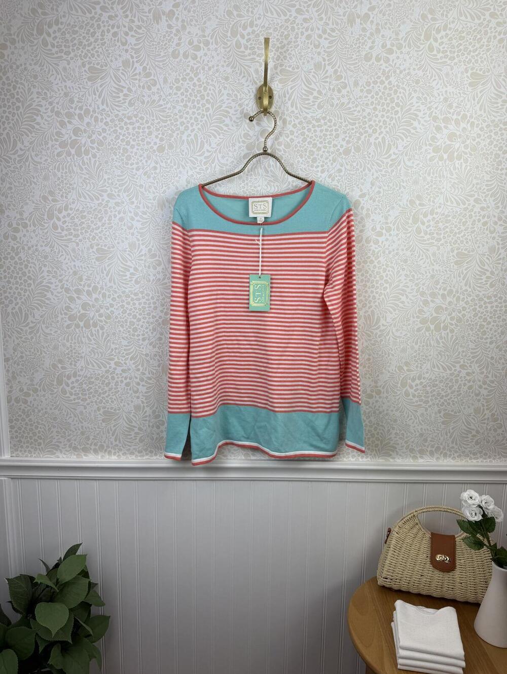 Sail to Sable Coral Cotton Blend Striped Long Sleeve Knit Top - Medium - NWT